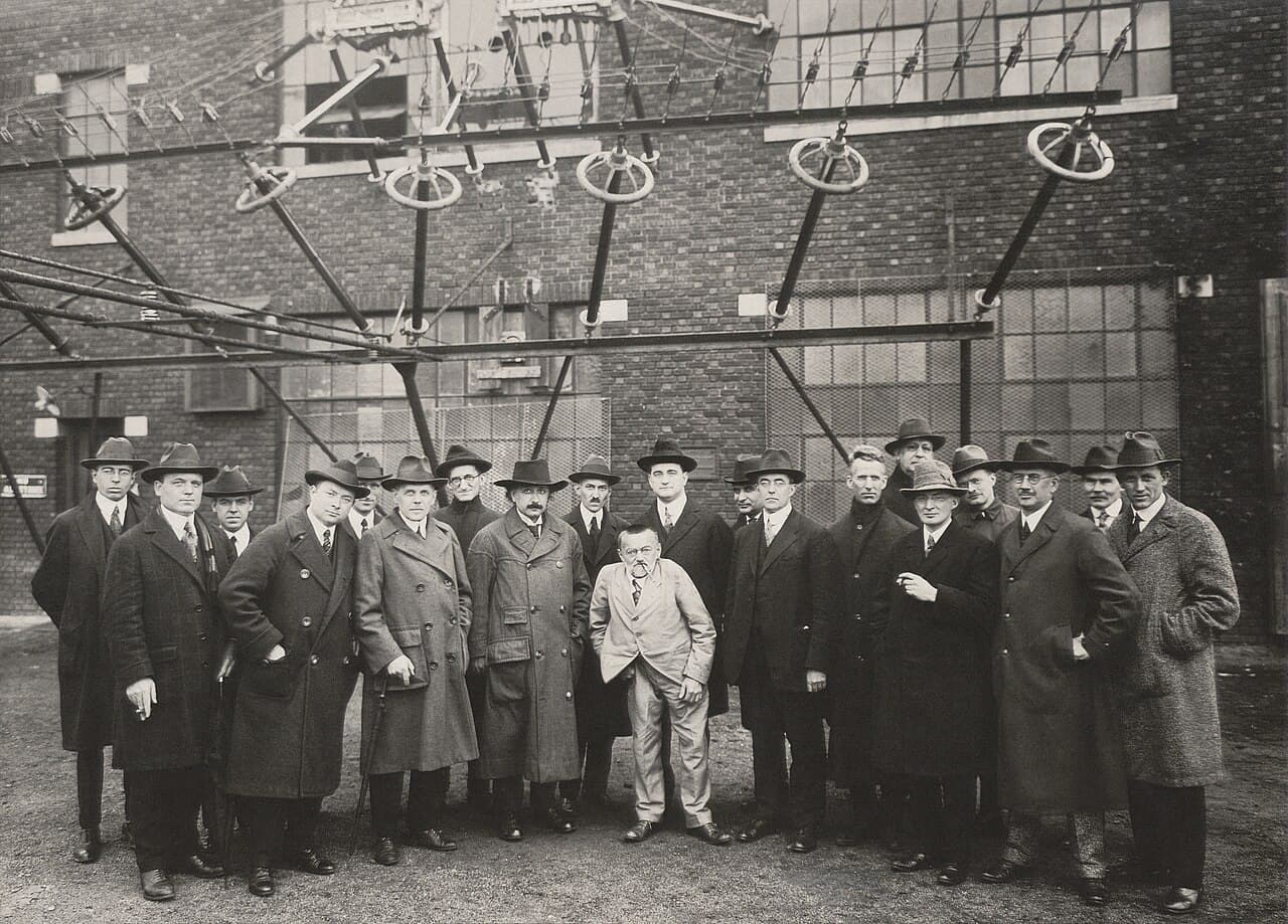 Albert Einstein with a group of engineers and scientists outside an RCA radio station in 1921, Charles Steinmetz among them