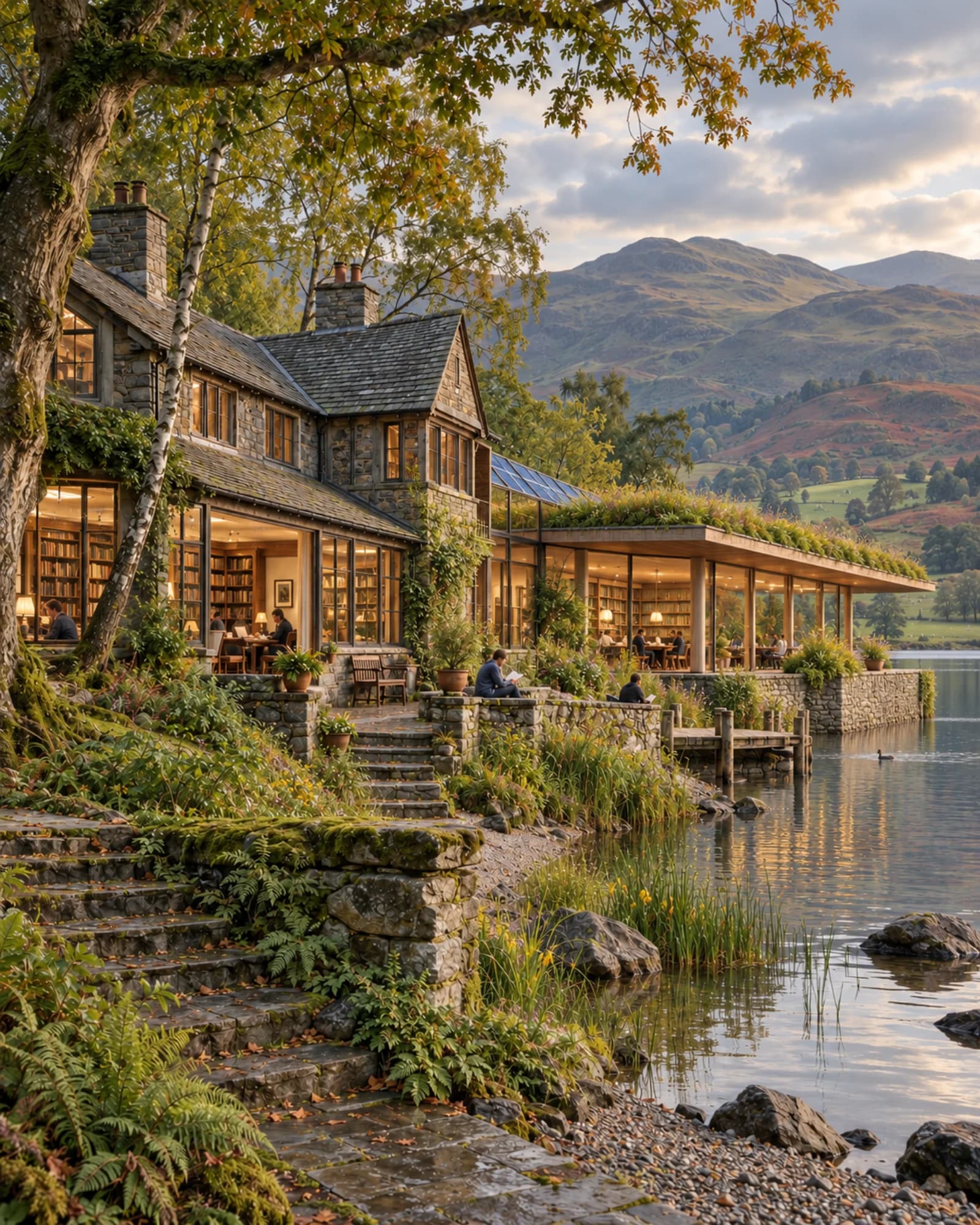 An imagined Lake District library in stone and timber beside water, with a modern addition and trees.