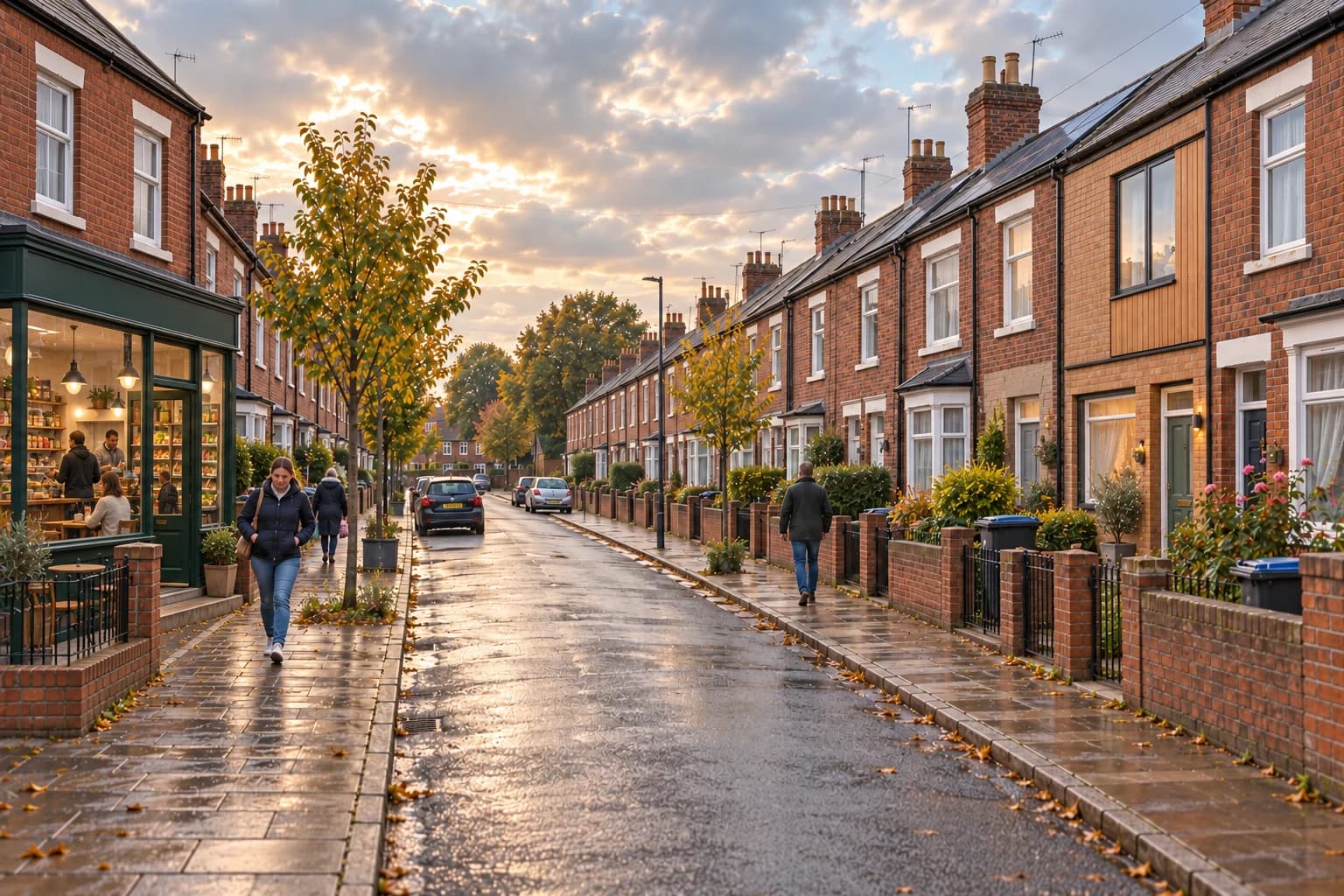 An imagined terraced street inspired by towns in the North and Midlands, with a small cafe and grocer on the left, a modernised brick and timber home on the right, and small walled front gardens.