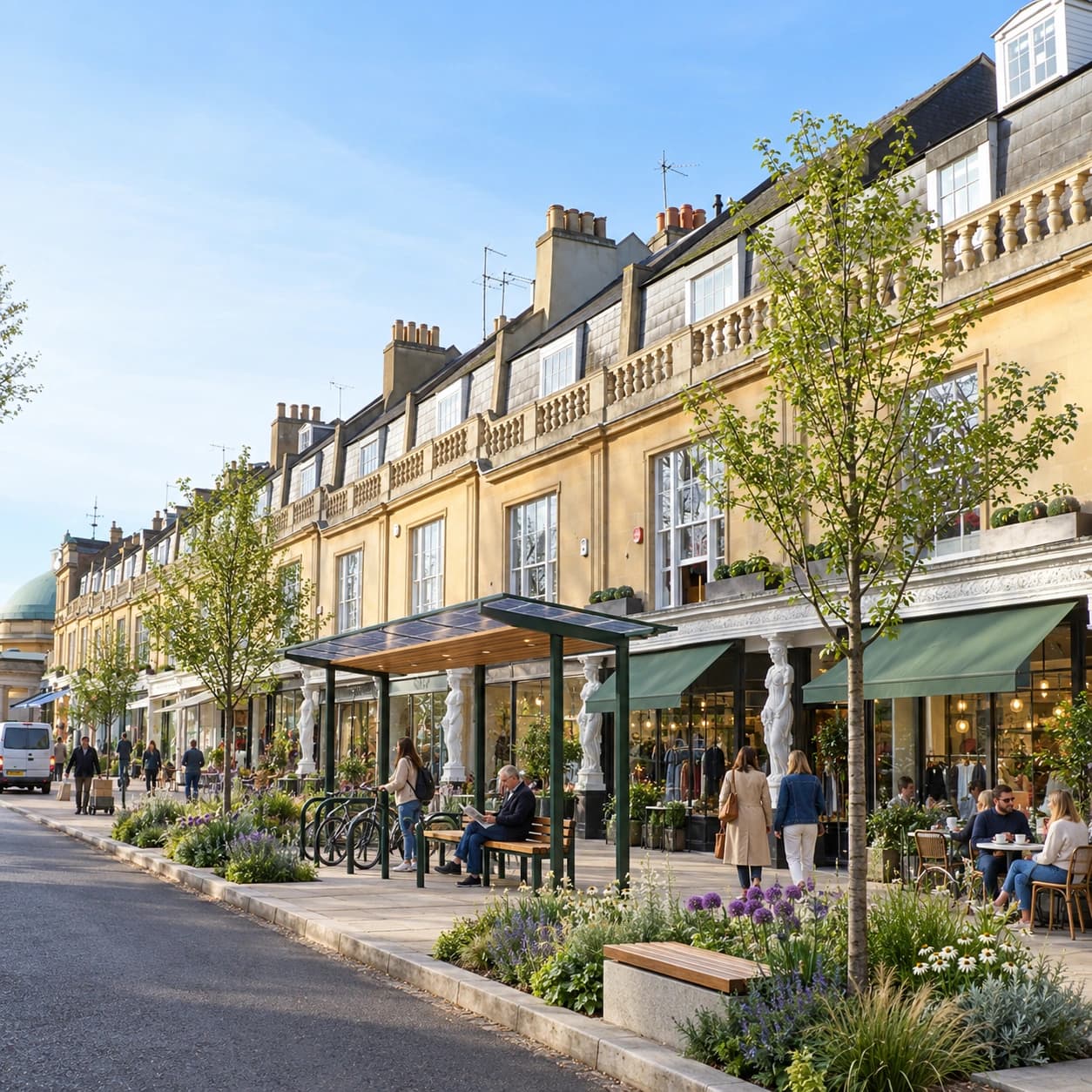 A Regency parade reimagined with its caryatid shopfronts, sash windows and slate roofs alongside planted pavement beds, public benches and a small solar canopy over seating and cycle parking.