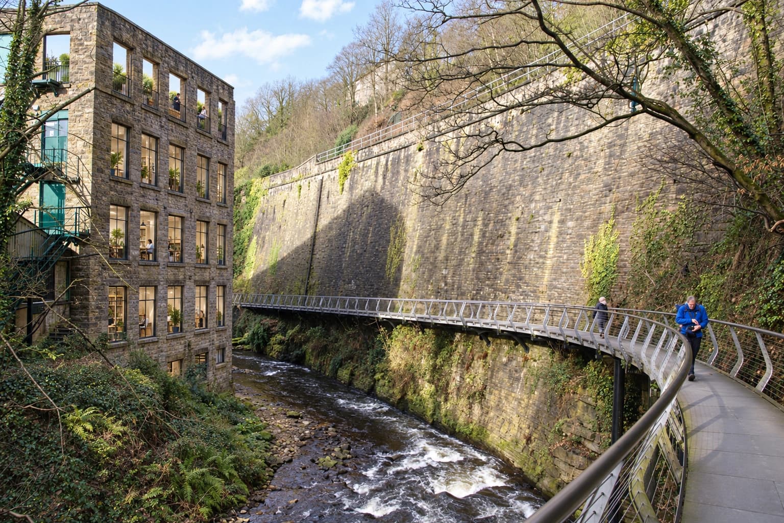 Torr Vale Mill reimagined with an open-air courtyard garden inside its top-floor stone walls, planting visible through the existing window openings, and shared workspaces below beside the River Goyt and Millennium Walkway.