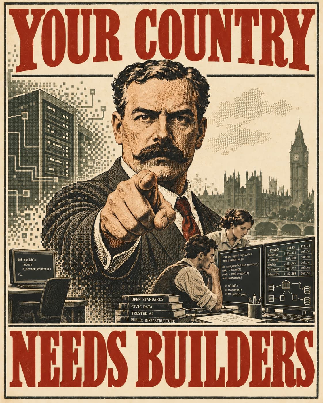 A vintage recruitment poster reading Your Country Needs Builders, with a pointing figure, dithered servers, software engineers and Westminster.