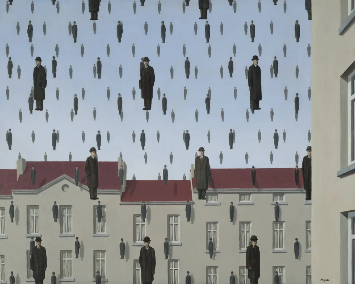 Golconda, René Magritte (1953): identical bowler-hatted men suspended in the air over rooftops, raining from the sky in every direction