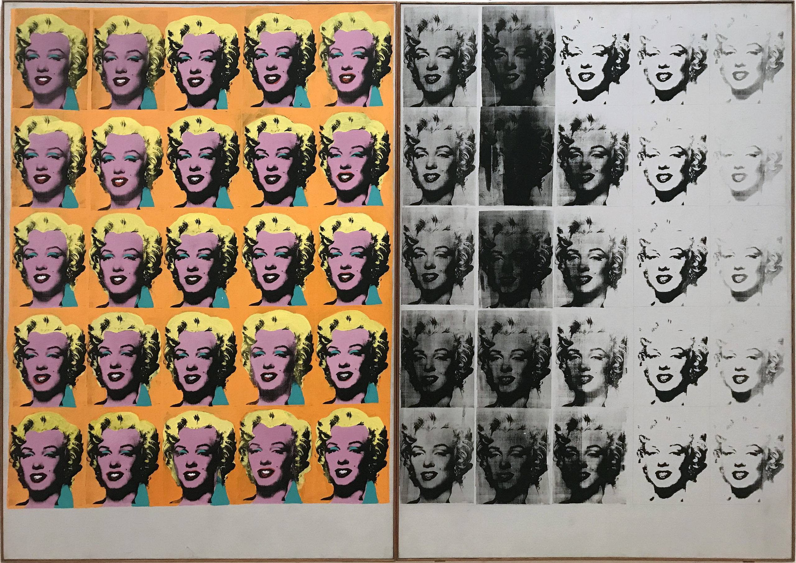 Marilyn Diptych, Andy Warhol (1962): fifty Marilyns, each slightly different, the image degrading across copies