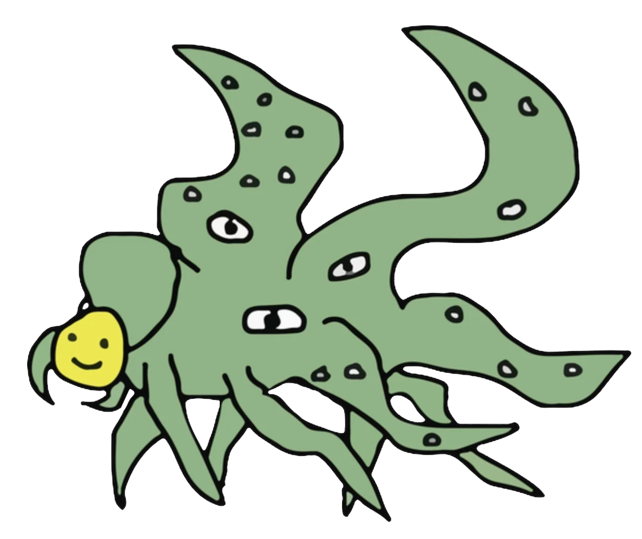 Shoggoth with Smiley Face: a colourful eldritch creature with a small smiley-face mask perched on a tentacle
