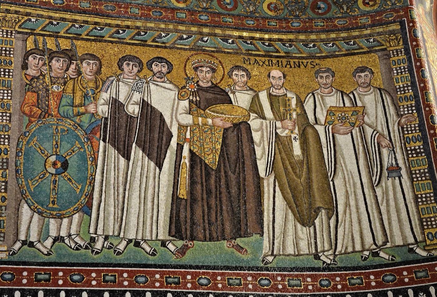 Mosaic of Emperor Justinian and his retinue, Basilica of San Vitale, Ravenna