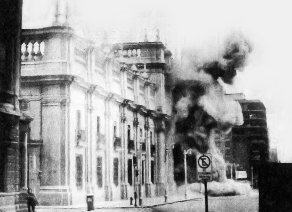 Smoke rising from La Moneda, Chile's presidential palace, during the bombing on 11 September 1973.