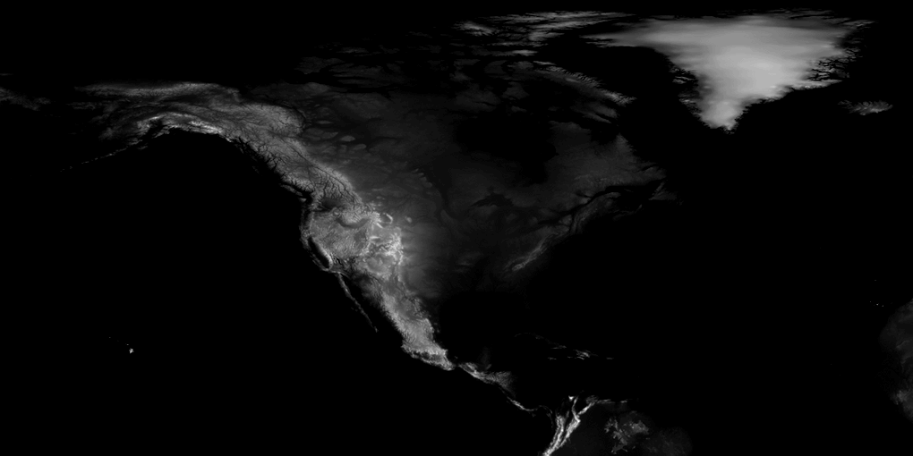 A greyscale elevation map of North America, lighter where the ground is higher.