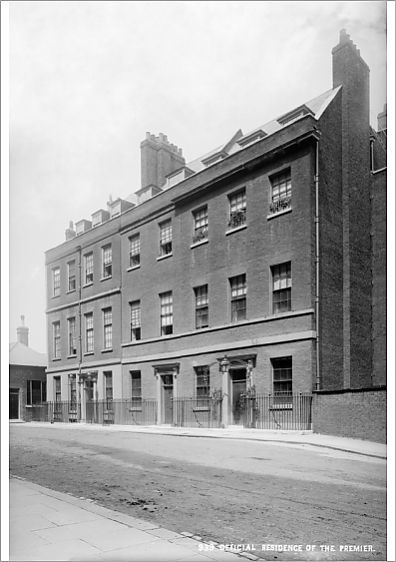 A late nineteenth-century photograph showing the facade and entrance of Number 10 Downing Street.