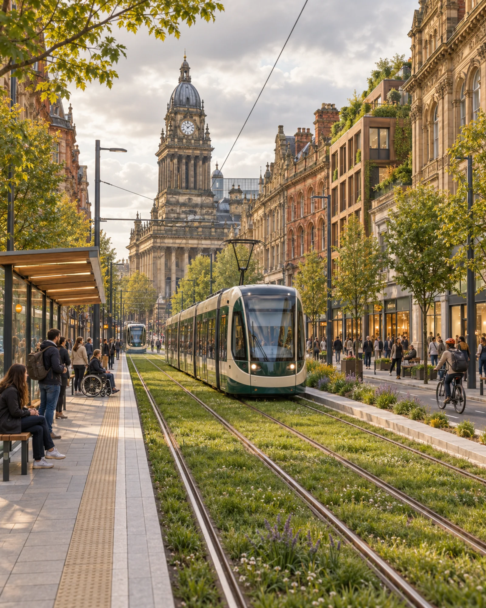 An imagined Leeds boulevard with a tram on planted tracks, civic stone buildings and generous pedestrian space.