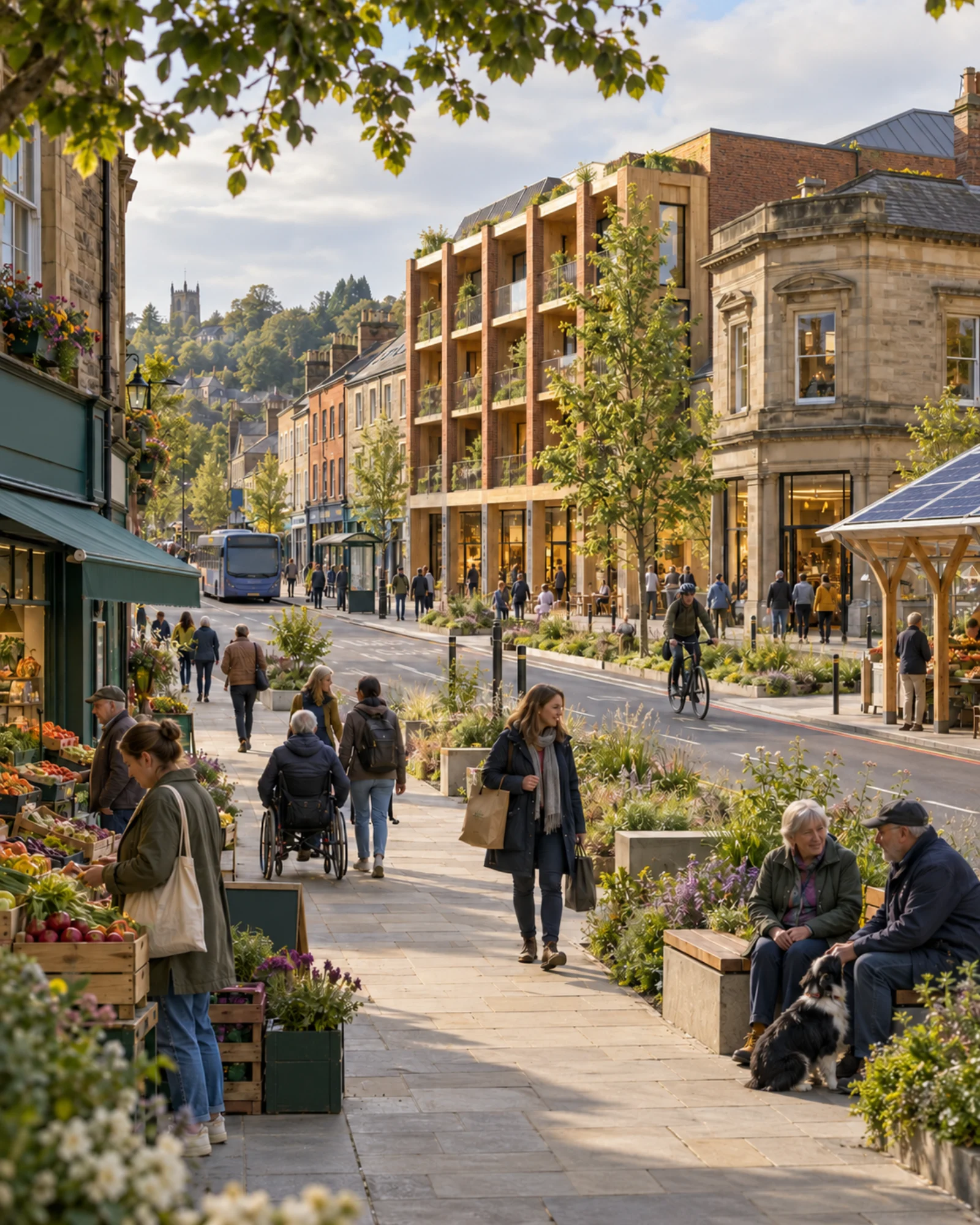 An imagined northern high street with brick and stone shops, trees, public transport and people walking.