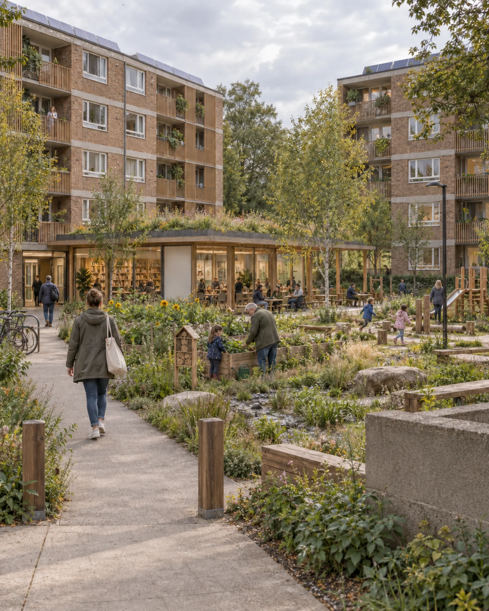 An imagined post-war housing estate with planted communal space, timber additions and people spending time outdoors.